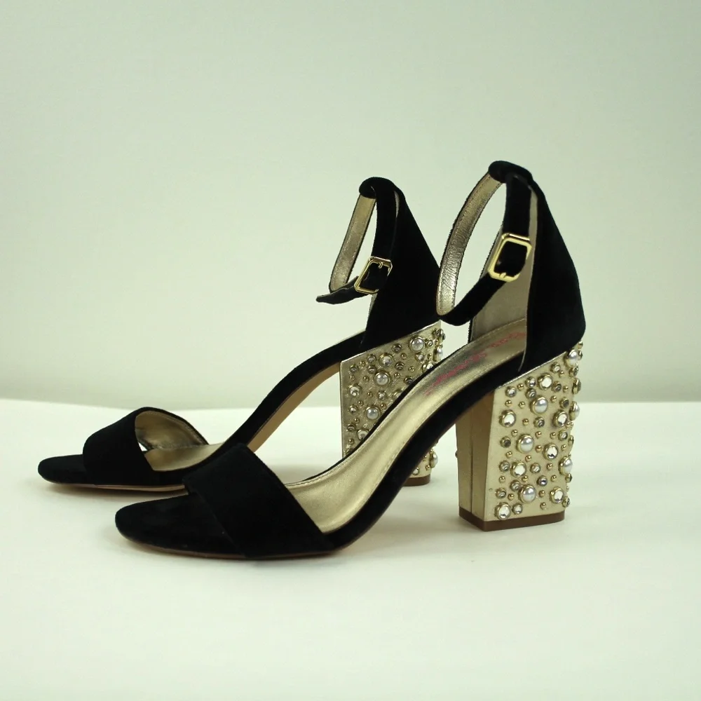 Lilly Pulitzer Amber Lynn Black Velvet Faux Pearl Rhinestone Block Heel Sandal 7